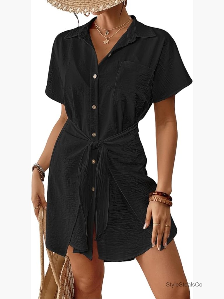 Womens Short Sleeve Button Down Beach Shirt Dress Cover Up